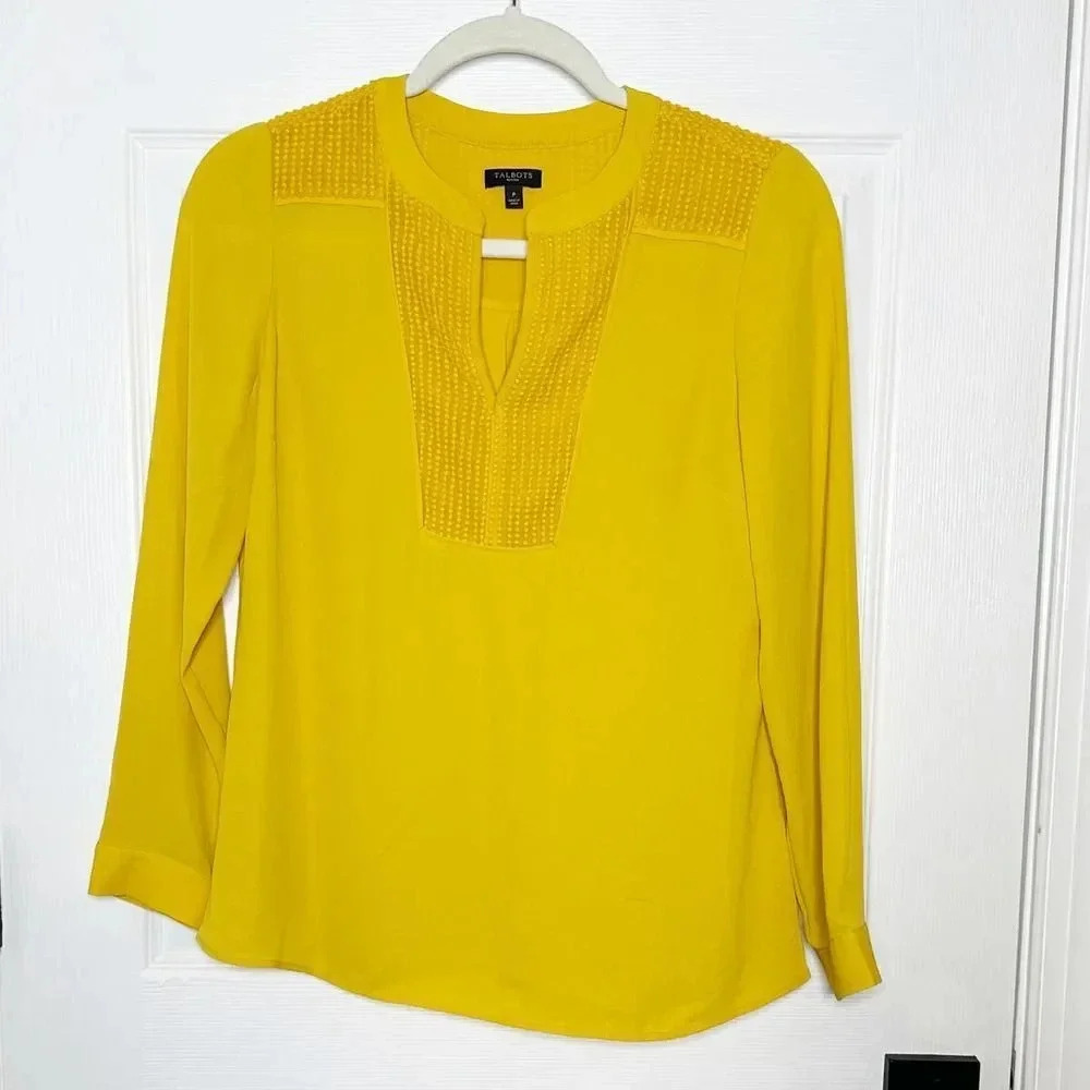 TALBOTS Womens Petite Yellow Textured Flowy Blouse Long Sleeve
